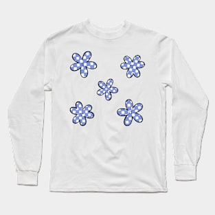 Abstract Checkerboard Flowers - Periwinkle Blue with black outline Long Sleeve T-Shirt